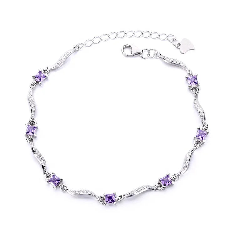 Pure Silver 925 Wave Bracelet with Purple Stone Seed Chain Bracelet for Women Hand Made Jewelry