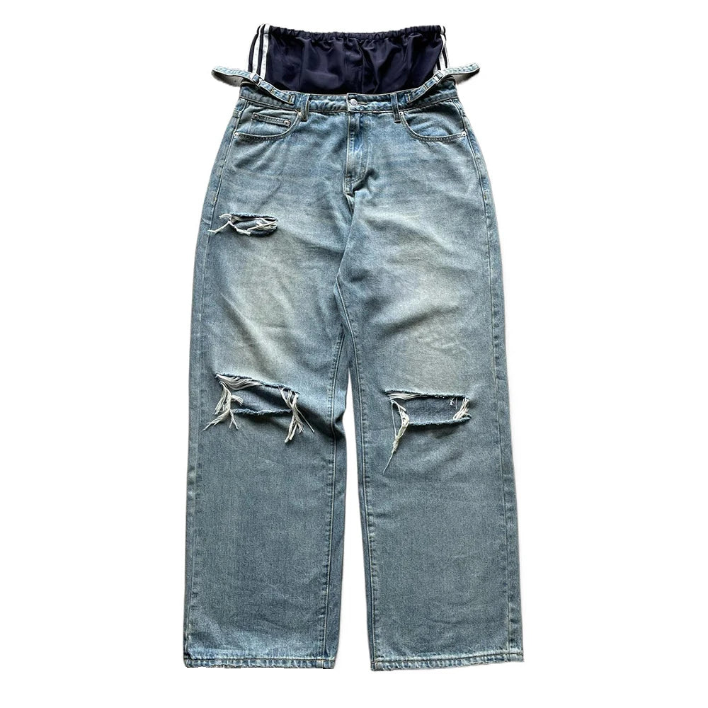 Custom Designer High Waist Wide Blue Skater Oversized Double Waist Ripped Distressed Vintage Acid Washed Baggy Denim Jeans Men