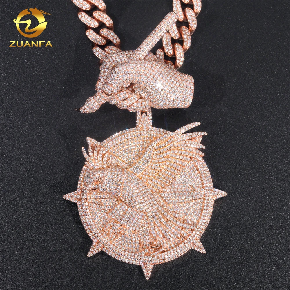 Custom 3D Bird Hand Bail Rose Gold 3" Heavy Iced Out 925 Sterling Silver Moissanite Diamond Hip Hop Pendant