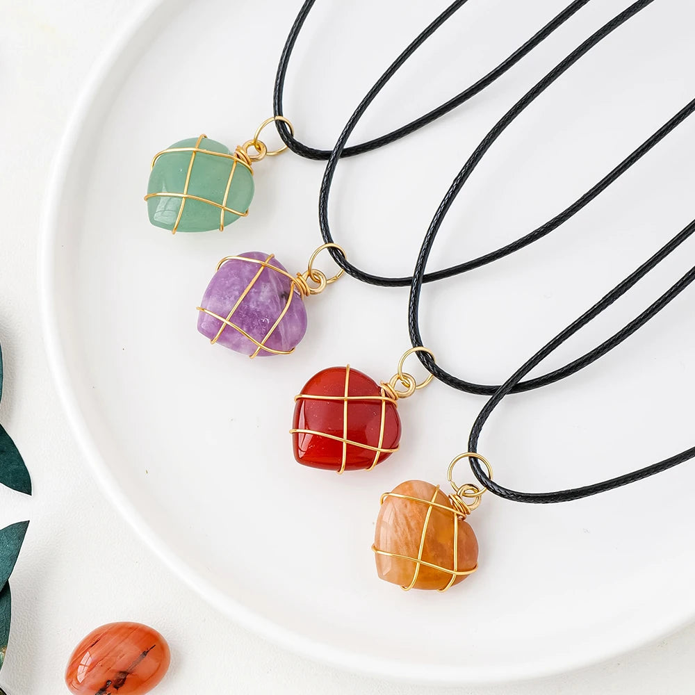 Wholesale Natural Crystal Pendant Healing Wire Wrapped Heart Pendant Gemstone Necklace