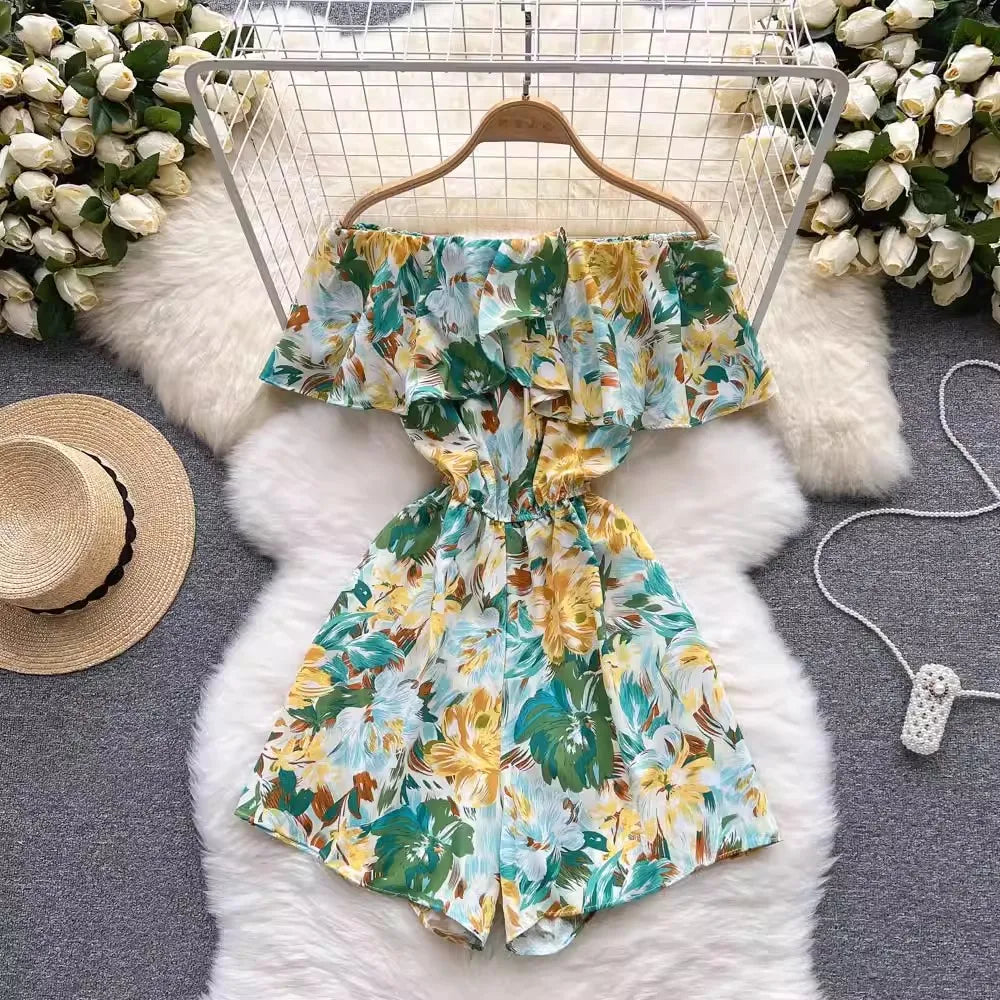 One Size Floral Jumpsuit Summer Fashion Ruffle Edge Off Shoulder Off Shoulder Waist Wide Leg Jumpsuit