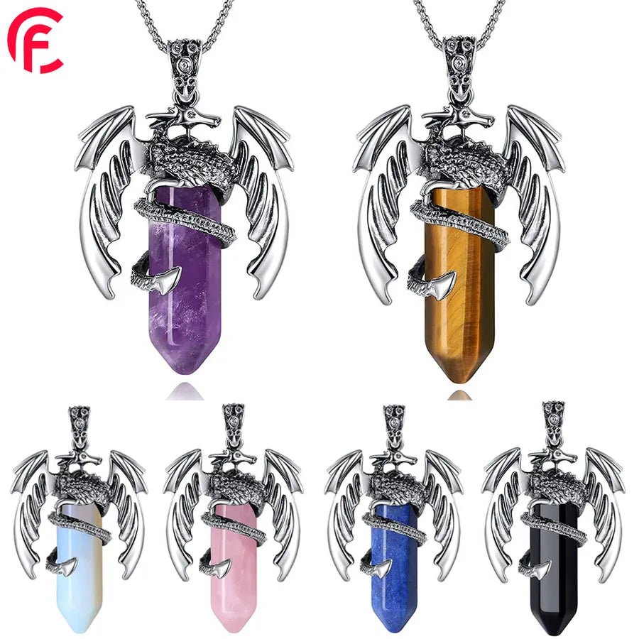 Natural Stone Crystal Dragon Hexagonal Pendant Necklace Crystal Quartz Healing Gemstone Bullet Pendant for Men