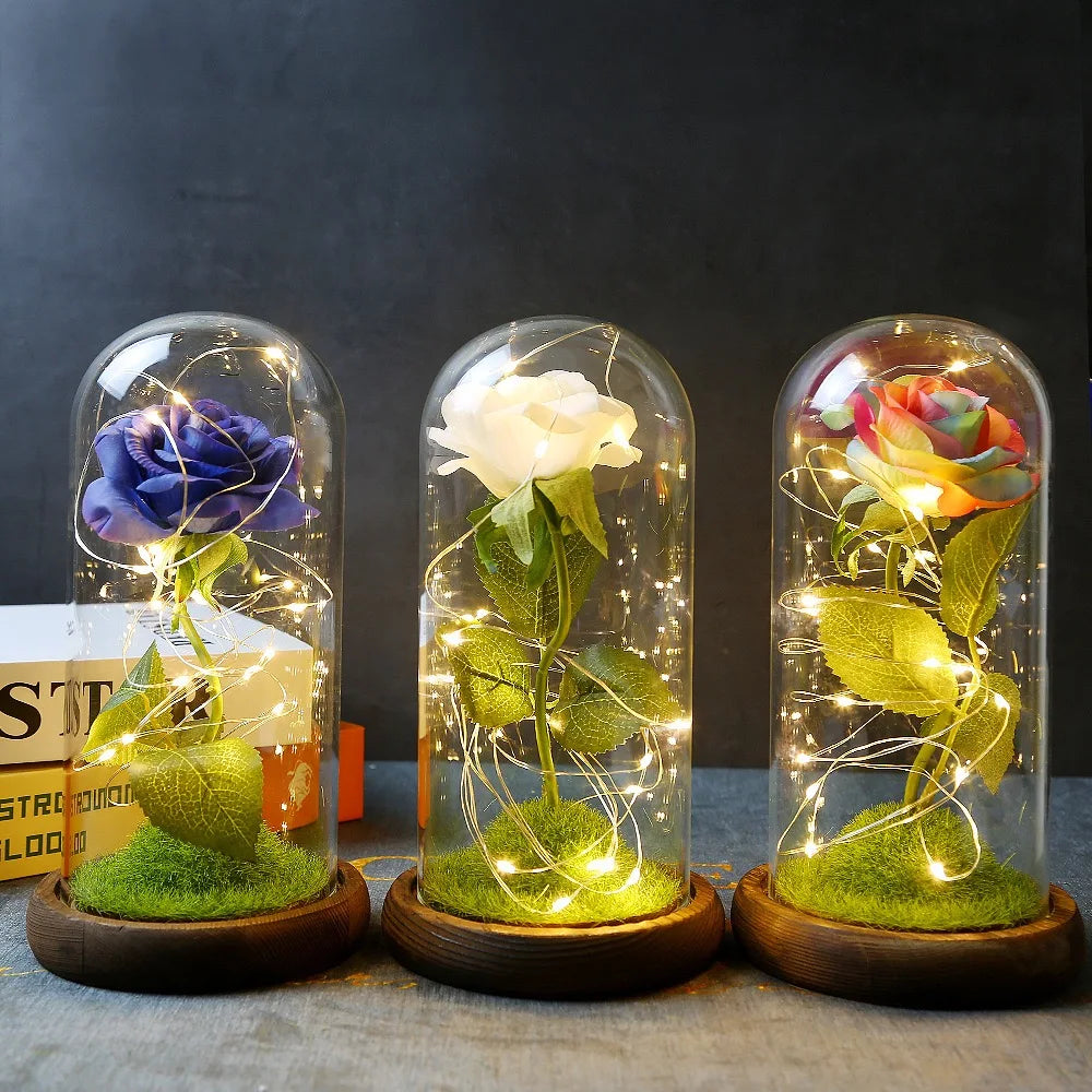 Rose Flower Lamp Rose in Glass Dome Blue Silk Roses Artificial Gift with Led Light for Birthday Wedding Anniversary Valentines