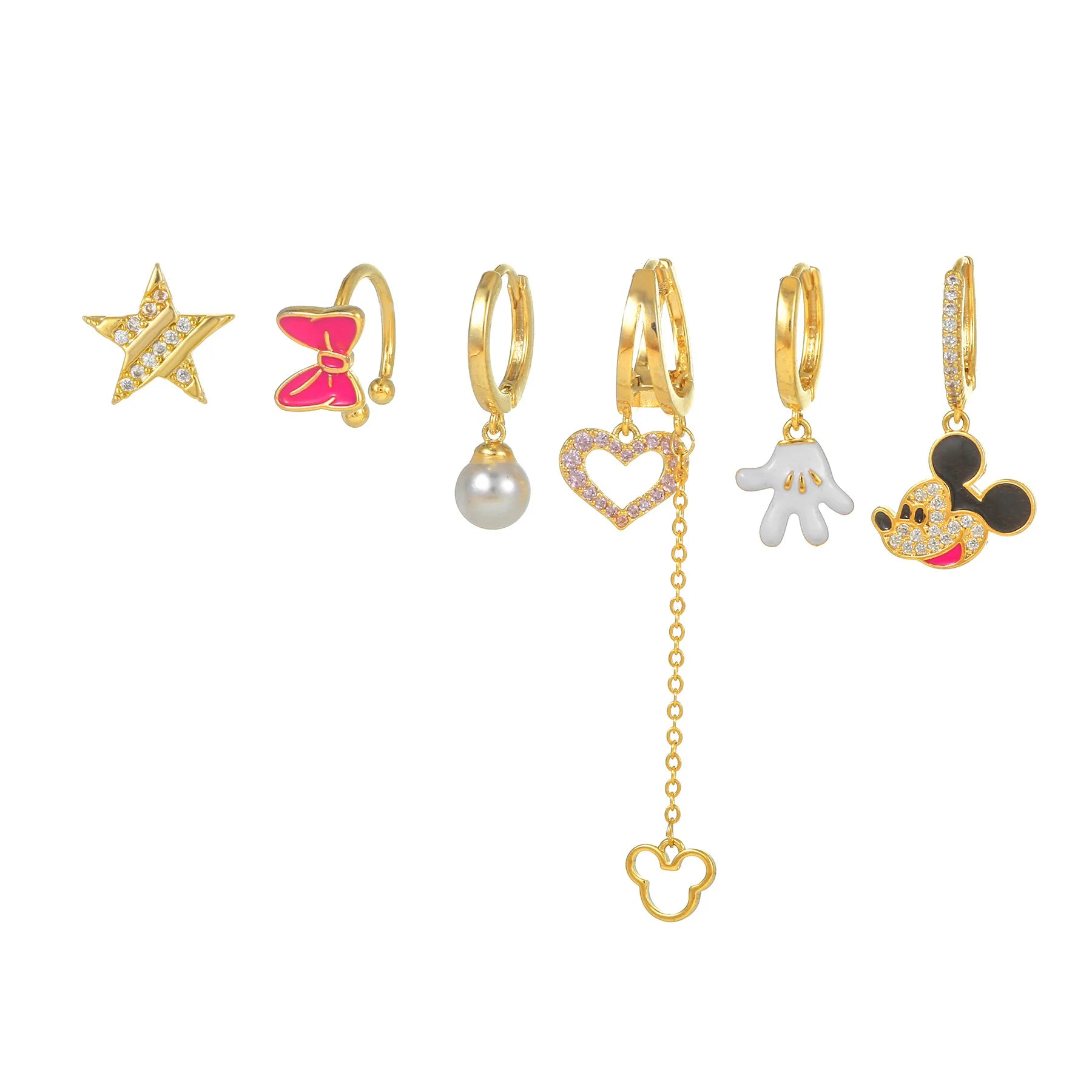 Creative Cute Mouse 18k Gold Stud Set Women Fashion Pink Bow Ear Bone Clip Asymmetrical Love Tassel Earrings