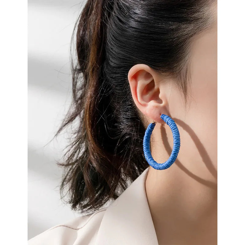 Fashion Women Fashion Gold Plated Big Hoop Earrings 50mm Colorful String Wrapped Wholesale Hoop Earrings
