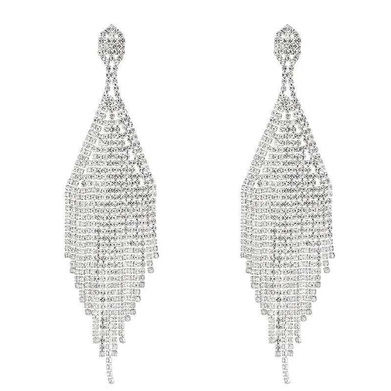 BOXUAN Female Chandelier Earrings with Exaggeration Long Tassel and Crystal Geometric Rhinestone Bridal Jewelry