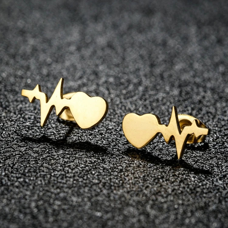 Fashion Rose 18K Gold Silver Plated Stainless Steel Tiny ECG Heartbeat Stud Earring Jewelry for Women