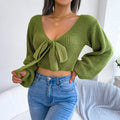 Autumn and Winter European and American Fashion Bow V Neck Lantern Sleeves Open Navel Sweater Knitwear SML