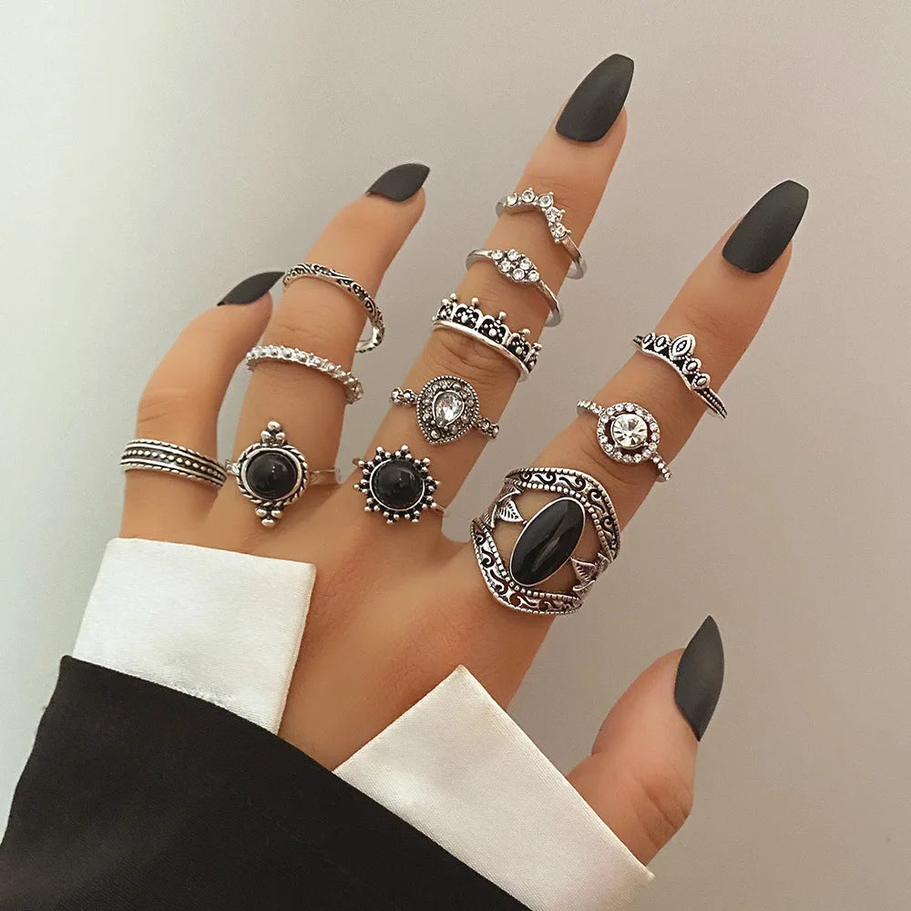 Wholesale 11 Pcs/Set Black Gemstone Crystal Cross Rings Vintage 18K Sliver Plated Elephant Knuckle Ring Jewellery Sets