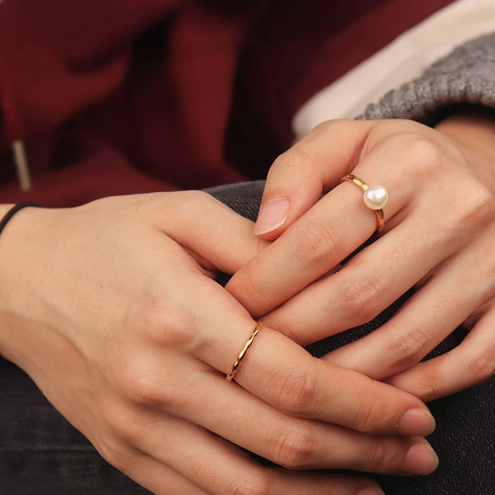 Chris April Fashion Jewelry PVD Gold Plated 316L Stainless Steel Water Proof Freshwater Real Pearl Ring