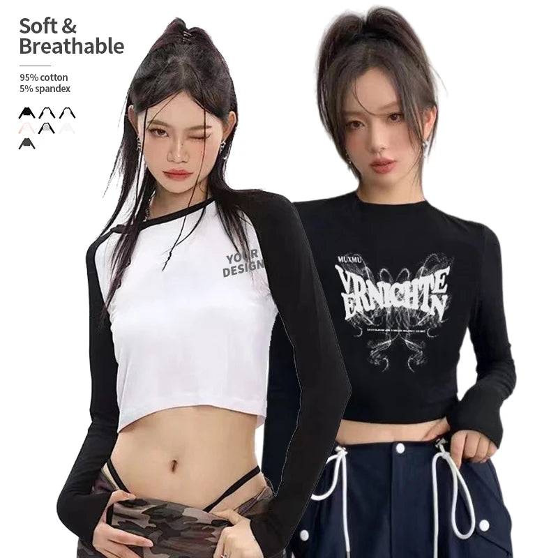 Wholesale Custom 95% Cotton 5% Spandex Soft Elasticity Black Raglan Long Sleeves Sexy Women Crop Top Tshirt