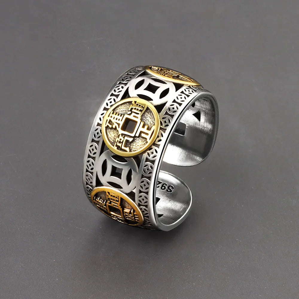 Chinese Feng Shui Pixiu Ring Silver Plated Copper Coins Adjustable Rings for Women Men Amulet Wealth Lucky Jewelry Birthday Gift