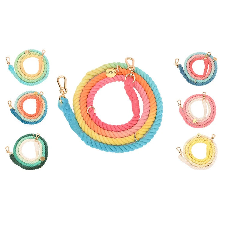 Popular Custom Design Rainbow Braided Hand Woven Cotton Rope Portable Multi-colors Comfortable Dog Leash