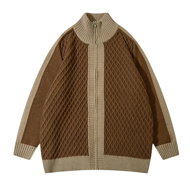 2024 Custom Crew Neck Cardigan Sweater Mental Zipper Full Sleeve Cable Knit Sweater Jacquard logo Winter Knitted Sweater