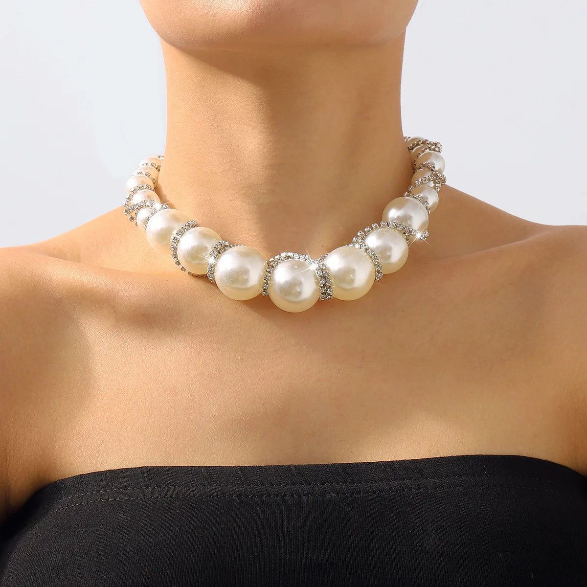 European American Style Heavy-duty Diamond Wrapped Pearl Necklace ZA Retro Light Luxury Personalized Short Necklace for Women