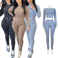 2024 Autumn Ribbed Acid Washed Bodycon Long Sleeve Cotton Solid Color Casual Sport  2 Piece Pant Set