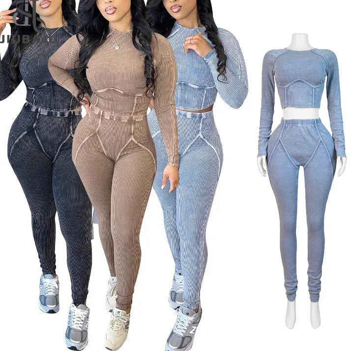2024 Autumn Ribbed Acid Washed Bodycon Long Sleeve Cotton Solid Color Casual Sport  2 Piece Pant Set