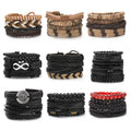 Mens Leather Wrap Bracelet Jewelry Flat Braided Premium Black European Masculine Shell Wood Leather Bead Bracelet Set Mens