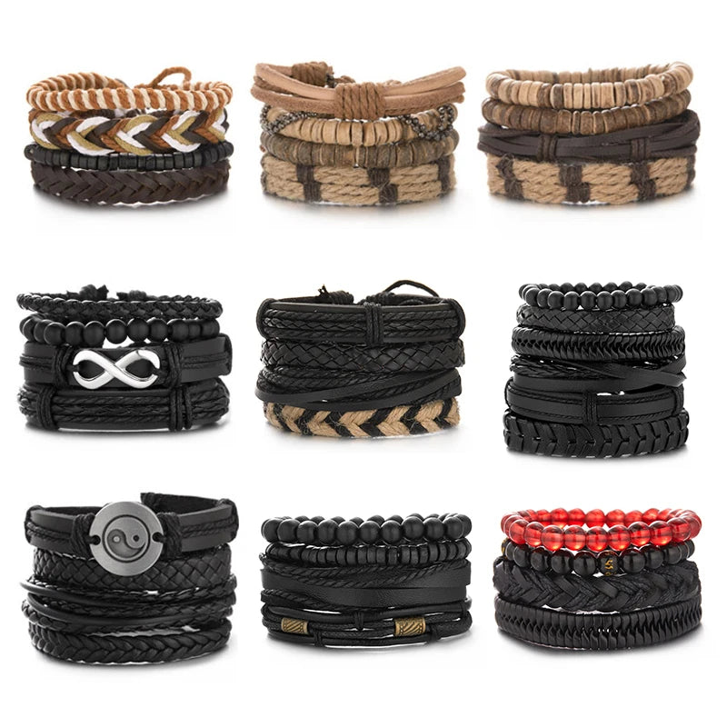 Mens Leather Wrap Bracelet Jewelry Flat Braided Premium Black European Masculine Shell Wood Leather Bead Bracelet Set Mens