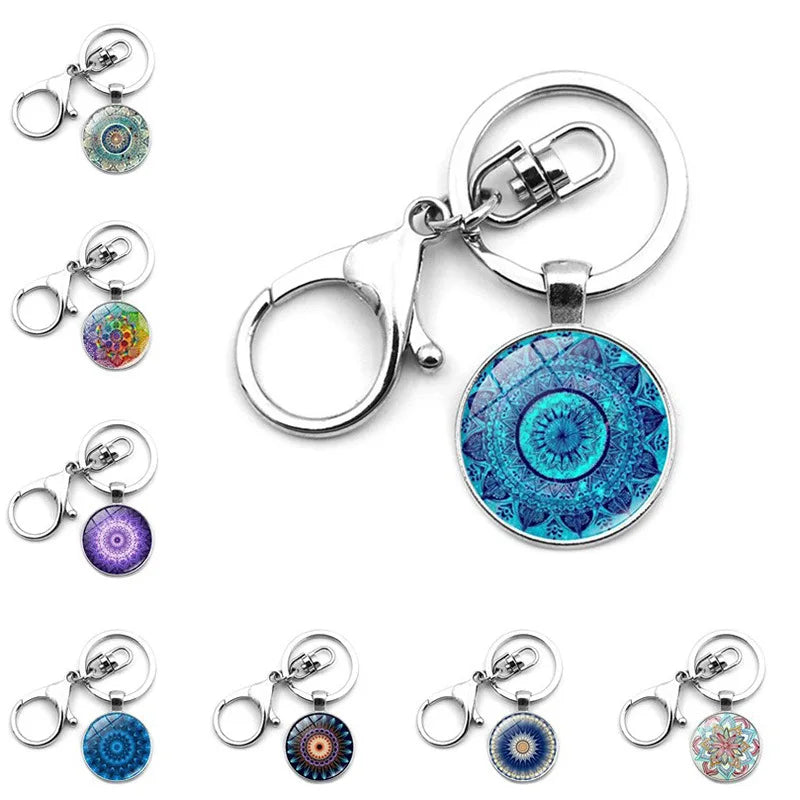 Hot Sale Vintage Time Gemstone Datura Flower of Life OM Symbol Keyring Sky Gemstone Keychain Pendant Gift