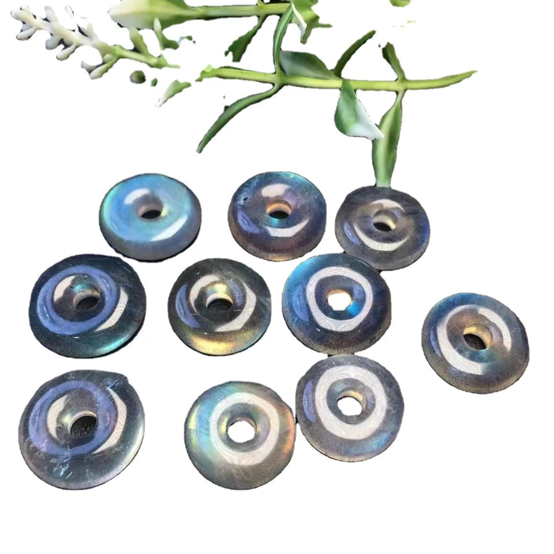 Semi Precious Stone Crafts High Quality Full Flash Labradorite rainbow Moonstone Donut Peace Buckle  for Diy Jewelry