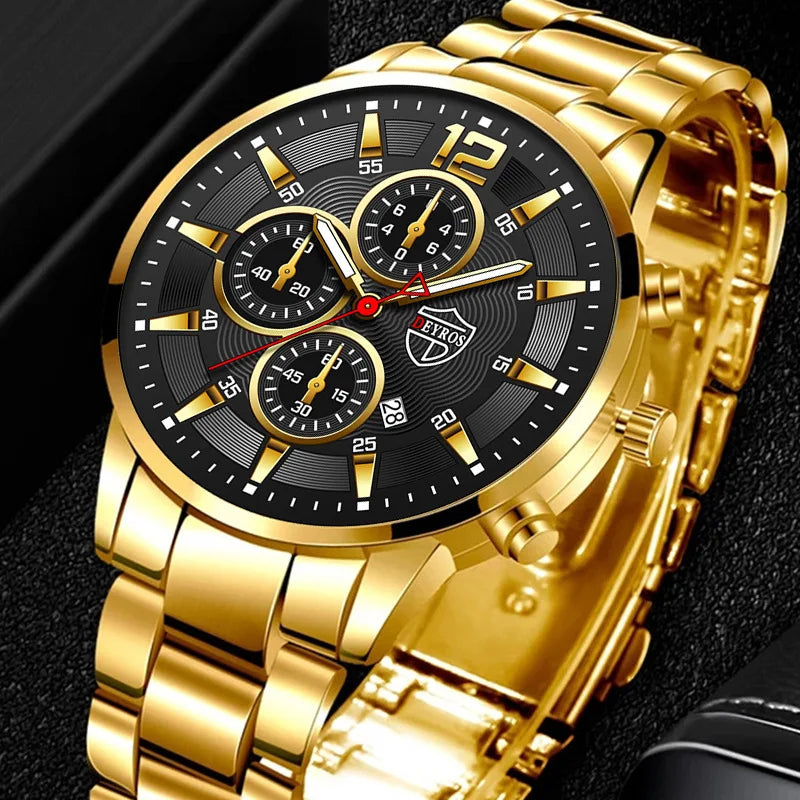 New Fashion Mens Sports Watches for Men Business Casual Stainless Steel Quartz Wristwatch Calendar Luminous Clock Watch Gift