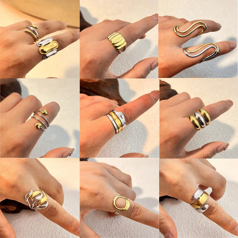 MJ Fashion Unisex Stainless Steel Two-Tone Design Adjustable Rings Waterproof Inoxidable Ring Suit for Parties