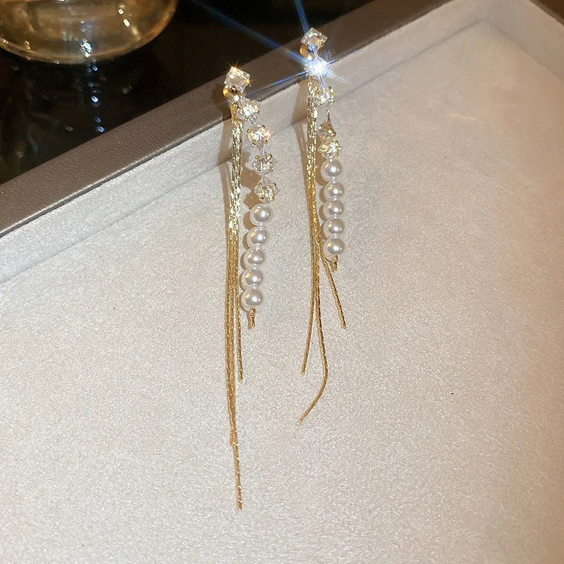 Real Gold Electroplating Silver Needle Zircon Pearl Tassel Earrings Atmosphere Pendant Earring Korean Ins Design Earrings