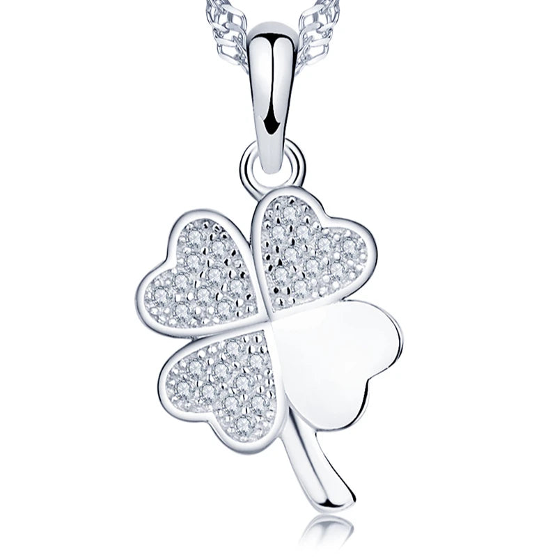 Female Lucky Four-Leaf Clover Inlaid Zircon Stone S925 Sterling Silver Pendant Necklace for Women