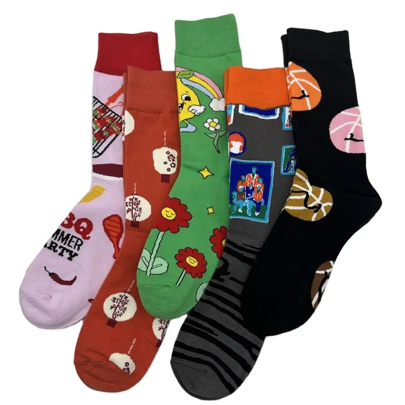 Wholesale Men Socks 100 Cotton Fashionable Custom Colored BBQ Lantern Rainbow Flower Basketball Cute Crew Socks for Unisex