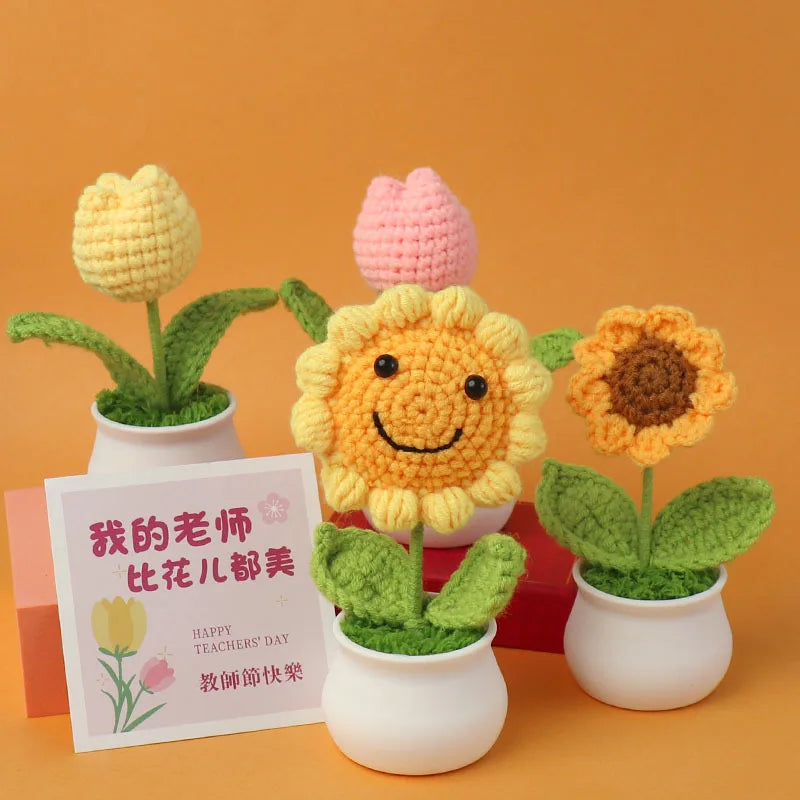 Hot Sale Delicate Multi Color Crochet Sunflower Tulip Potted Plant with White Flowerpot Wholesale Woolen Knitted Flower Ornament