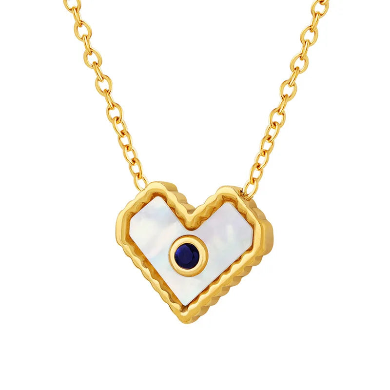 Vintage Stainless Steel 18K Gold Plated Jewelry Love Shaped White Seashells Black Zircon Pendant Necklace for Girls