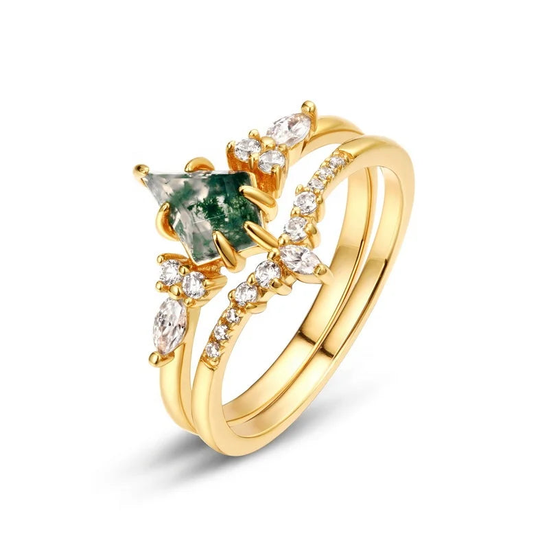 Kite Cut Natural Green Moss Agate Bridal Ring Set S925 Sterling Silver Marquise Leaf Stackable Engagement Wedding Band Set