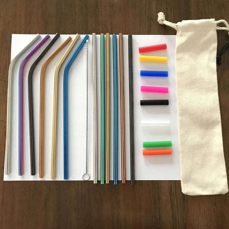 Iridescent Metal Straws with Bag and Cleaning Brushes