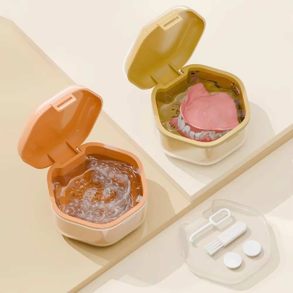 Household Storage Orthodontic Retainer Case Sealed Denture Cleaning Denture Cleaner Box 2 Layer Portable False Teeth Container