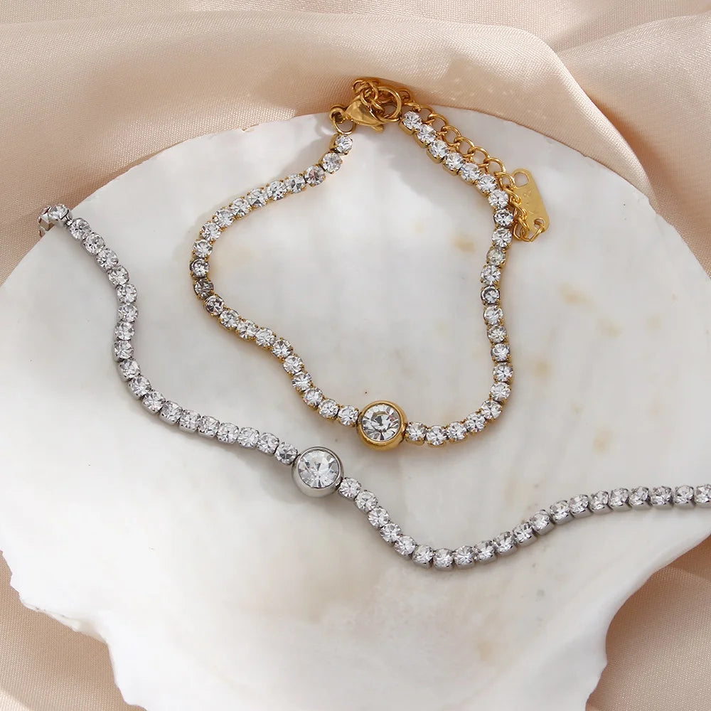 Dreamshow Tennis Zircon Chain Link Bracelet Stainless Steel Bracelet 18k Gold Plated Chain Couples Bracelets Pair Jewelry