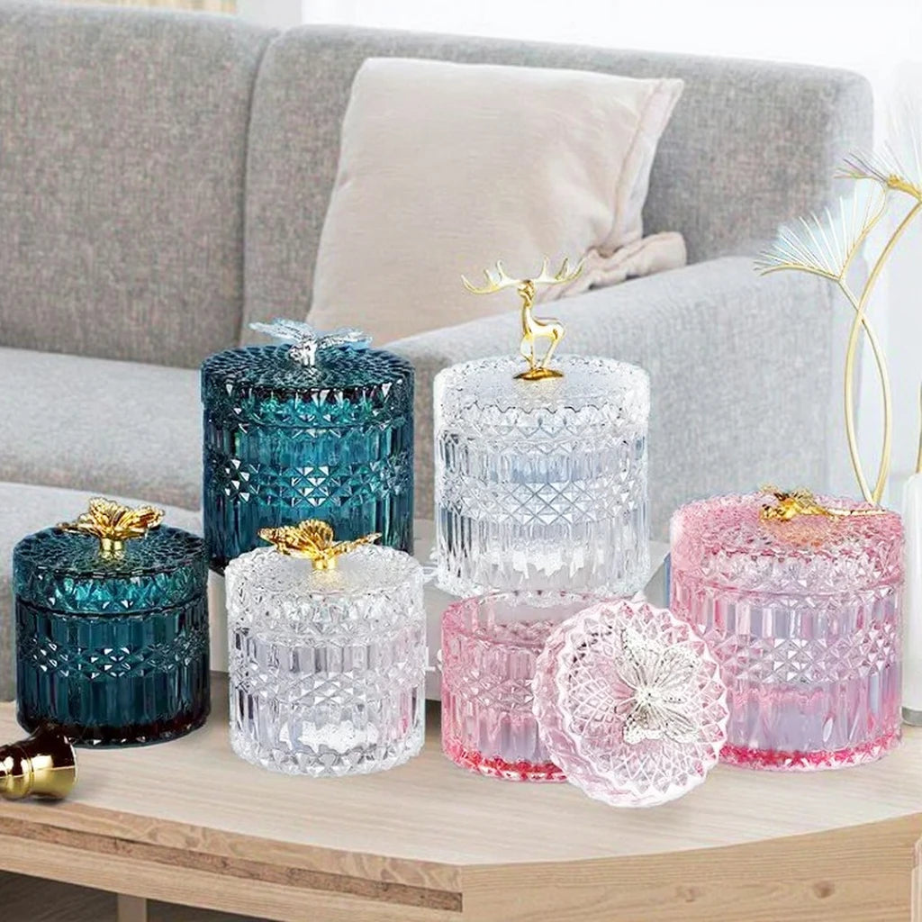 Luxury Relief Glass Candy Jar Food Container Colorful Craft Decoration Kitchen Home Jewelry Jar with Lid