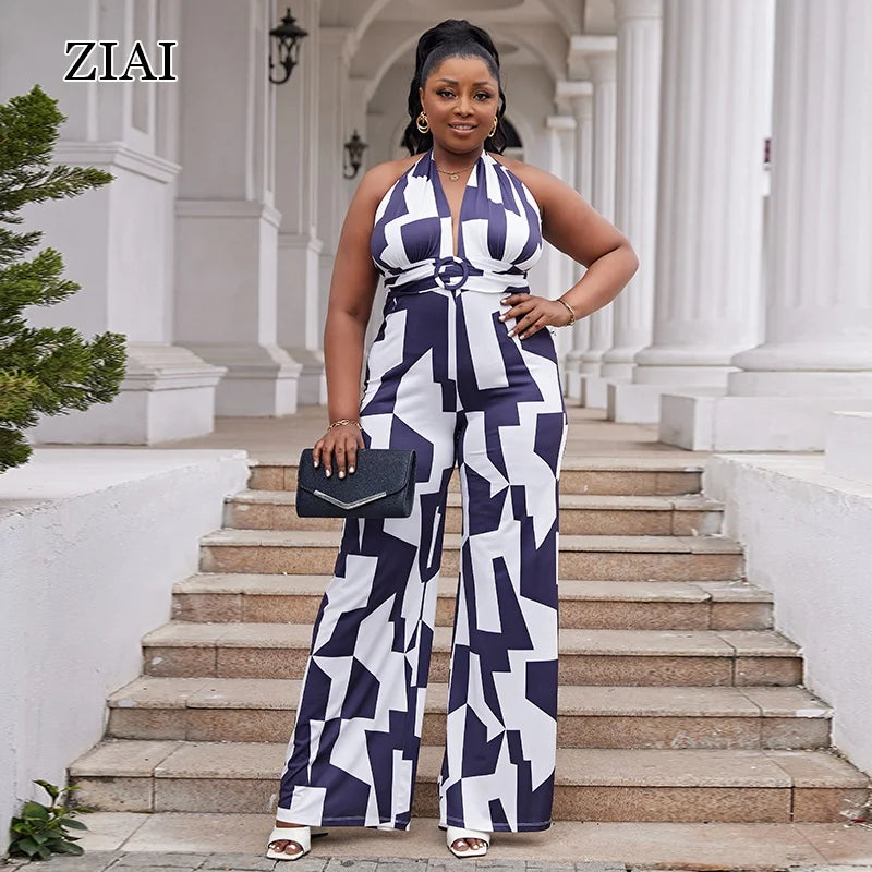 Women's Jumpsuit Striped Low-cut Temperament Waist Wide-leg Jumpsuit Halter Neck Trousers Cross-border Jumpsuit