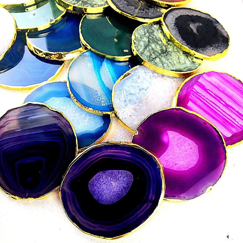 Wholesale Natural Agate Stone Slab Gilded Polished Crystal Round Sliced Cup Holder Agate Slices Coaster