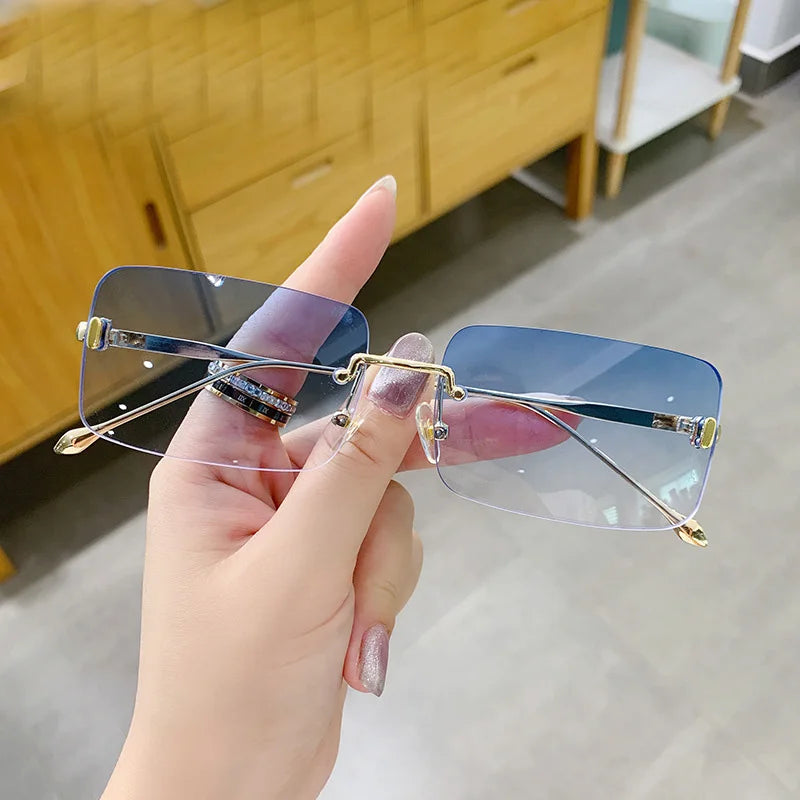 UNOC 2022 New Square Rimless Sunglasses for Men Gold and Blue Metal Frame Ocean Lens European and American Style