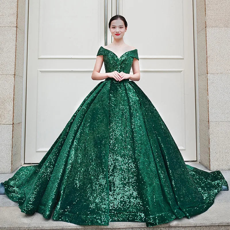 Fashion Women Sequin Beaded Wedding Maxi Dresses Red Wedding Ball Gown