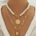 VKME Gold Plated Double Layered Pearl Necklace Lock Pendant Necklace for Women