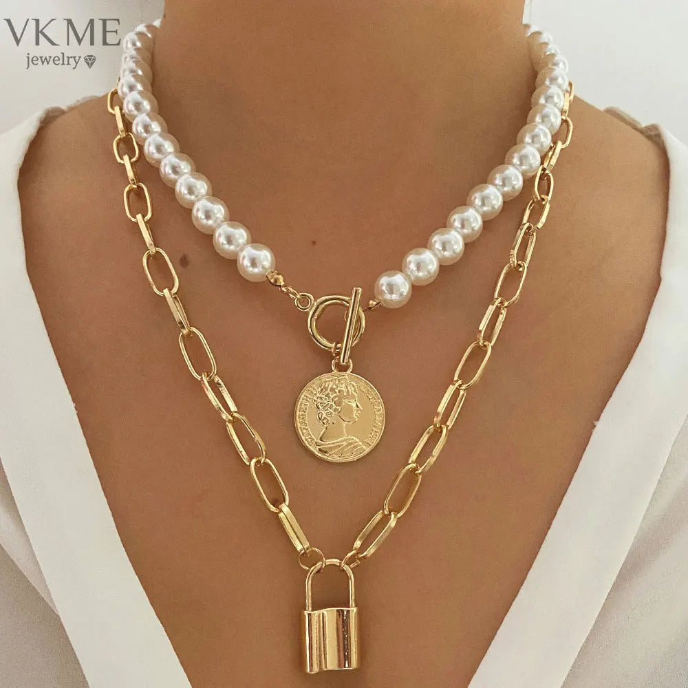 VKME Gold Plated Double Layered Pearl Necklace Lock Pendant Necklace for Women