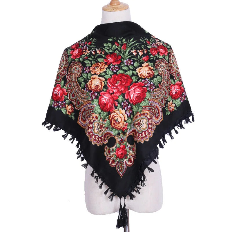 Russian Style Scarves Vintage Square 90cm Jersey Muslim Hijab Flower Ethnic Scarf Shawl