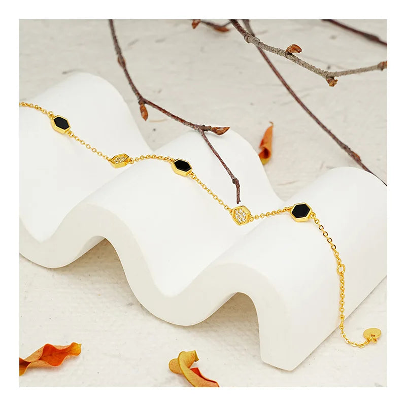 Two Tone Color 925 Sterling Silver Fashion Gemstone Jewelry 18k Gold Plated Hexagonal Charm Black Onyx Insert Bracelet