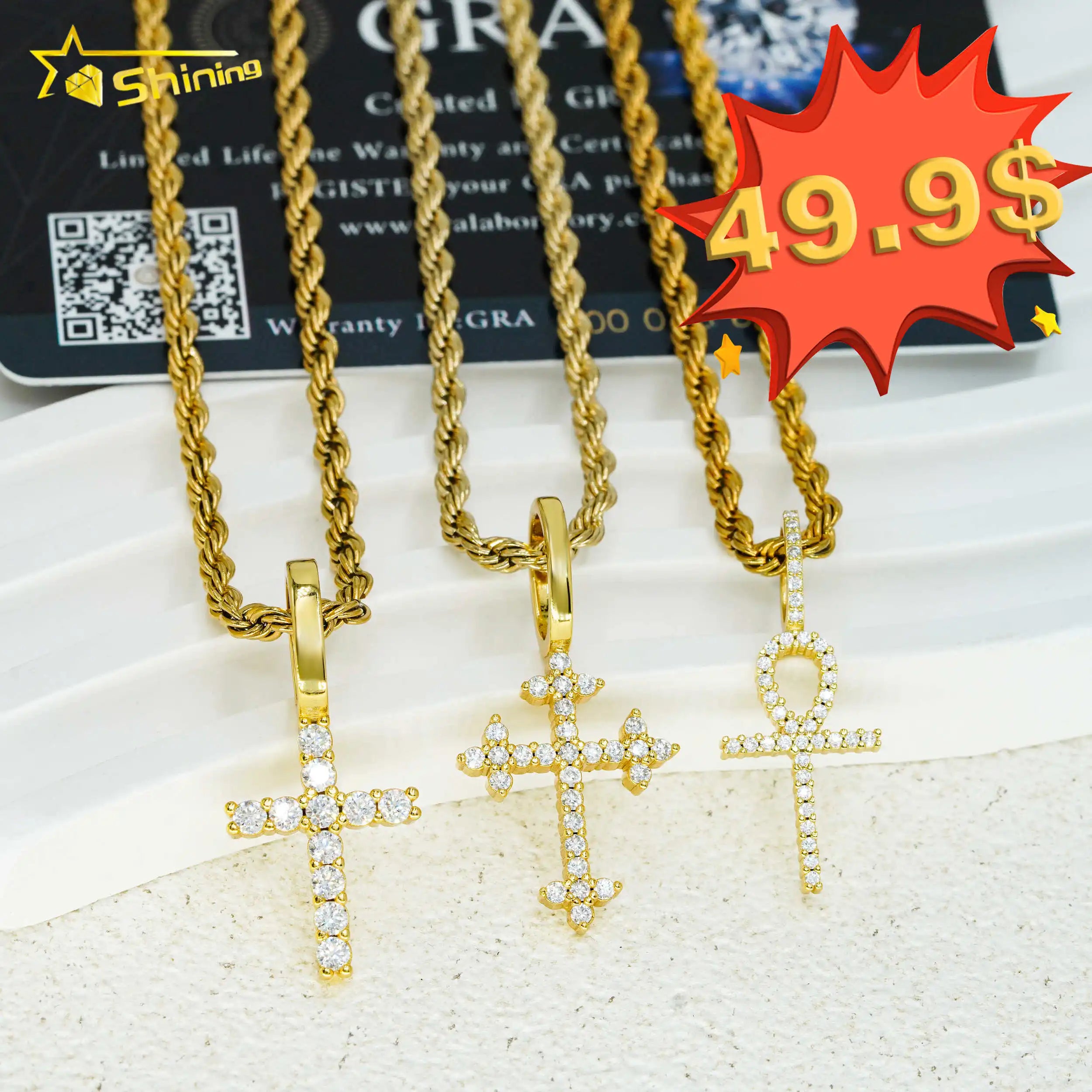 Shining Jewelry Wholesale VVS Moissanite Diamond Cross Pendant 925 Sterling Silver for Necklace Men Women Fine Jewelry Set