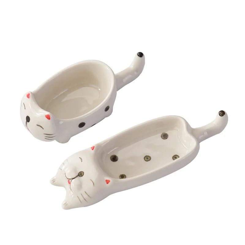 New Luxury Ceramic Cat Shaped Sauce Dish with Mini Chopsticks and Spoon Fork Holder for Sushi Dipping Horeca Occasion
