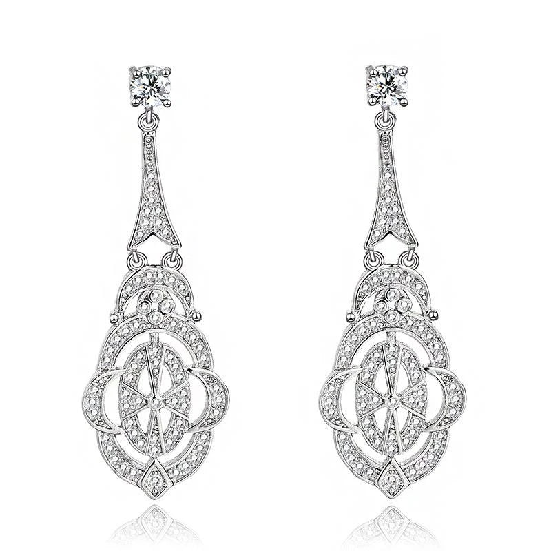 Vintage Hollow Drop Earrings Fashion CZ Diamond 925 Sterling Silver Earrings for Women