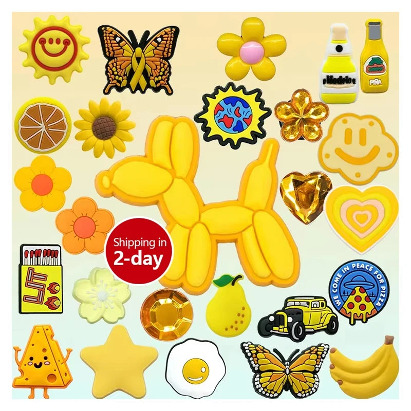 Customized Wholesale Yellow Pvc 2D Diy Clog Sandal Accessories Flower Sun Balloon Dog Shoes Decorations Soda Cheese Shoe Charms