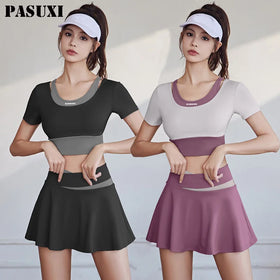 PASUXI Women's Fitness Two-piece Tennis Skirt Running Culottes Nude Tight Short Sleeve Yoga Leisure Sports Suit